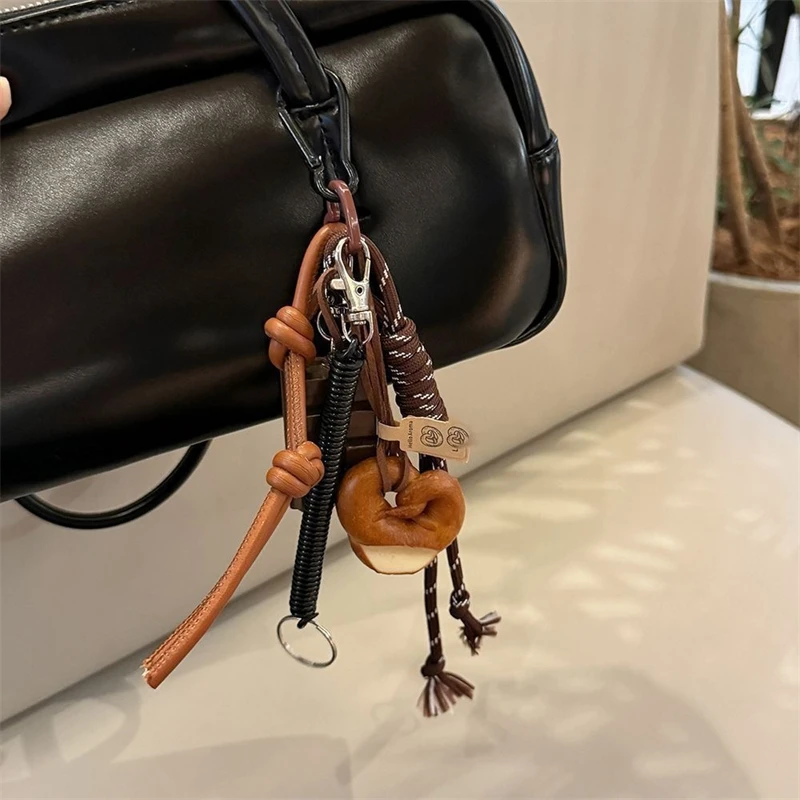 Cute Korean Style Bread Keychain – Brown Rope Pendant for Bags, Backpacks & Decoration