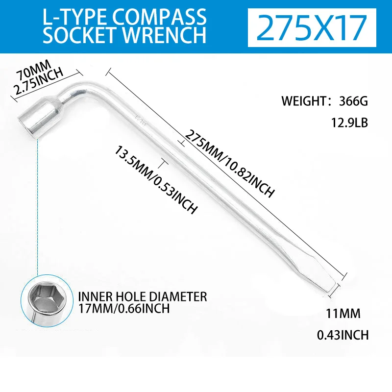 L-Type Lug Wrench – 17/19/21mm Hex Socket Tire Repair Tool for Cars & Spare Tire Removal