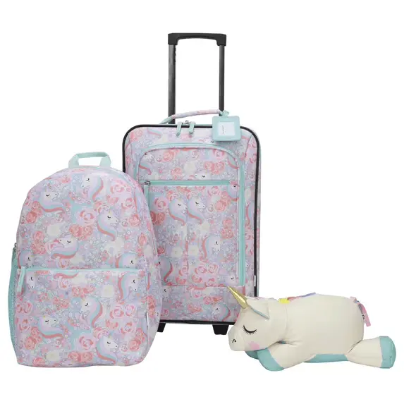 CRCKT 4-Piece Softside Kids Luggage Set, Includes 18" Carry-on Luggage, 12" Backpack, Plush Critter That Turns Into a Neck Roll Pillow, and a Matching Luggage Tag, Unicorn