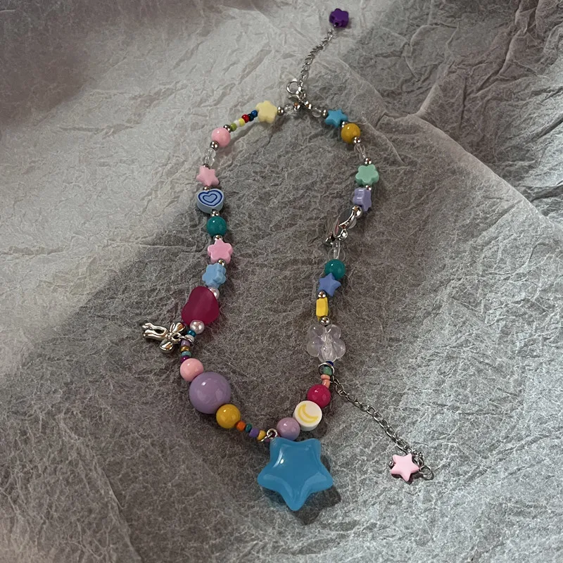 Boho Kpop Colorful Star & Heart Tassel Choker Necklace – Y2K Aesthetic Pendant Chain for Women 