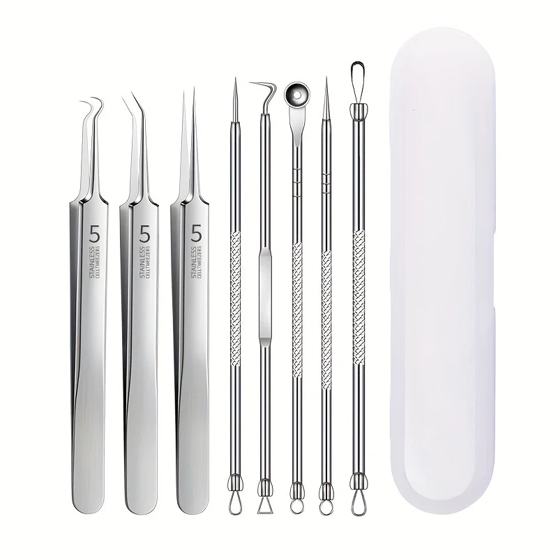 8-Piece Stainless Steel Blackhead Remover Tool Set – Acne Needle, Tweezers & Pimple Extractor Kit for Facial Care 