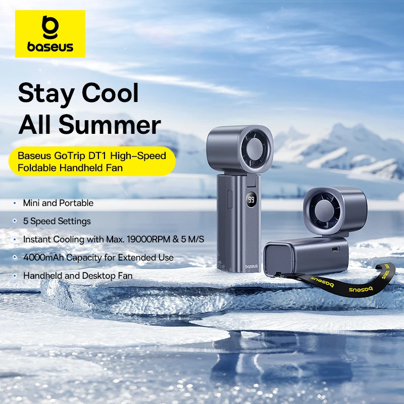 Baseus Foldable Handheld Fan – 5 Speed Mini Fan with LED Display & 4000mAh Battery