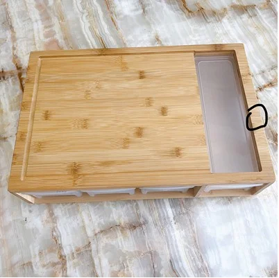 large organic kitchen chopping natural bamboo cutting board with 4 draw tray and 4 vegetable grater