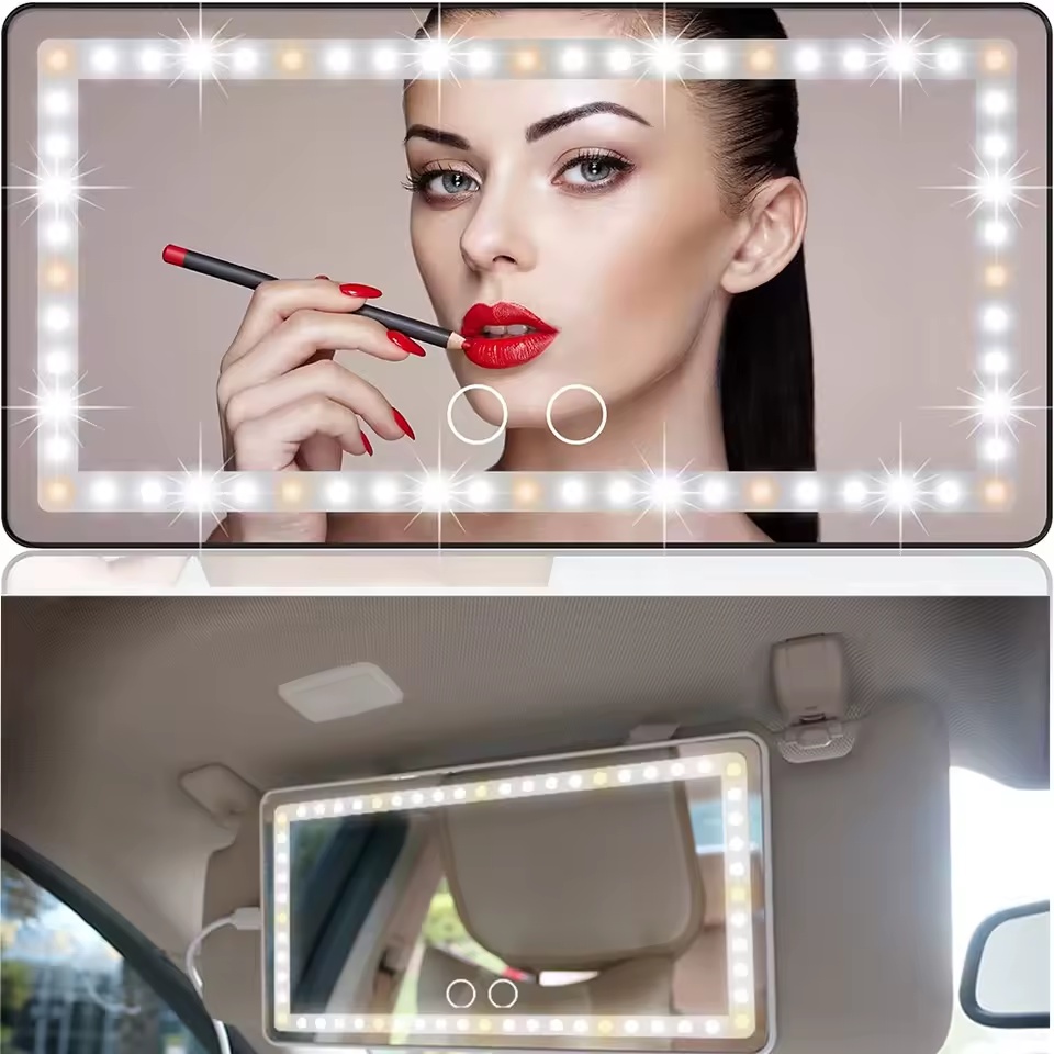 Car Sun Visor Vanity Mirror Cosmetic Mirror Rechargeable Makeup Mirror with 3 Light Modes 60 Leds Dimmable Clip-on Rear Wireless