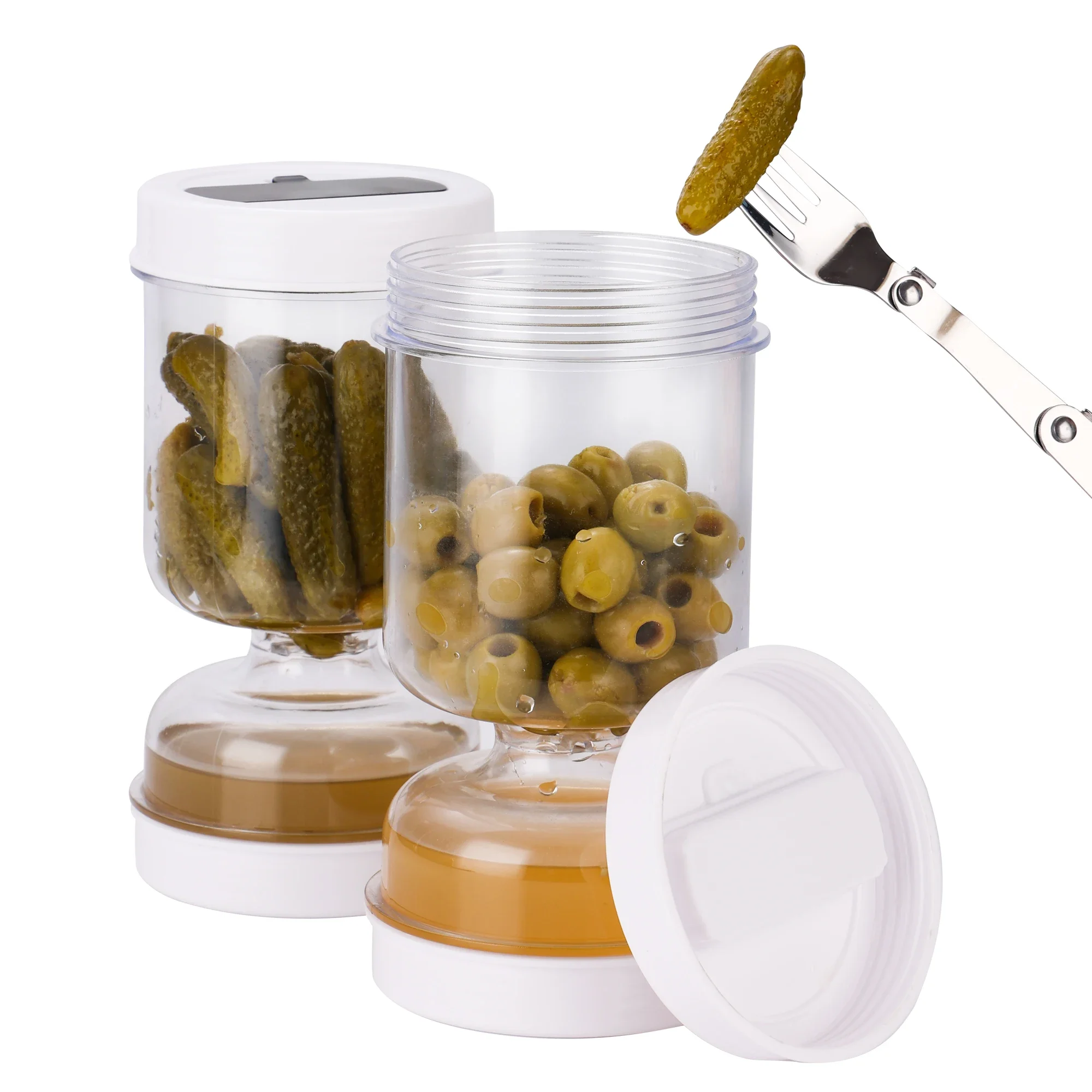 Pickle Jar with Built-In Fork – Dry & Wet Separator Hourglass Container for Pickles and Olives