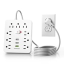 Power Outlet with Surge Protector, 9 sockets 3 USB Ports,5ft Extension Cord, Quick Charge, For Home and Office,White