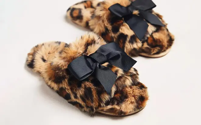 Anthropologie Faux Fur Open-Toe Bow Slippers