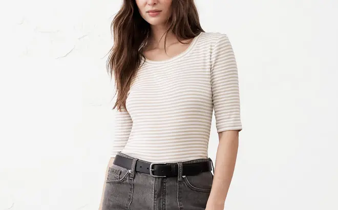 Banana Republic Factory Women’s Ribbed Elbow-Sleeve T-Shirt 