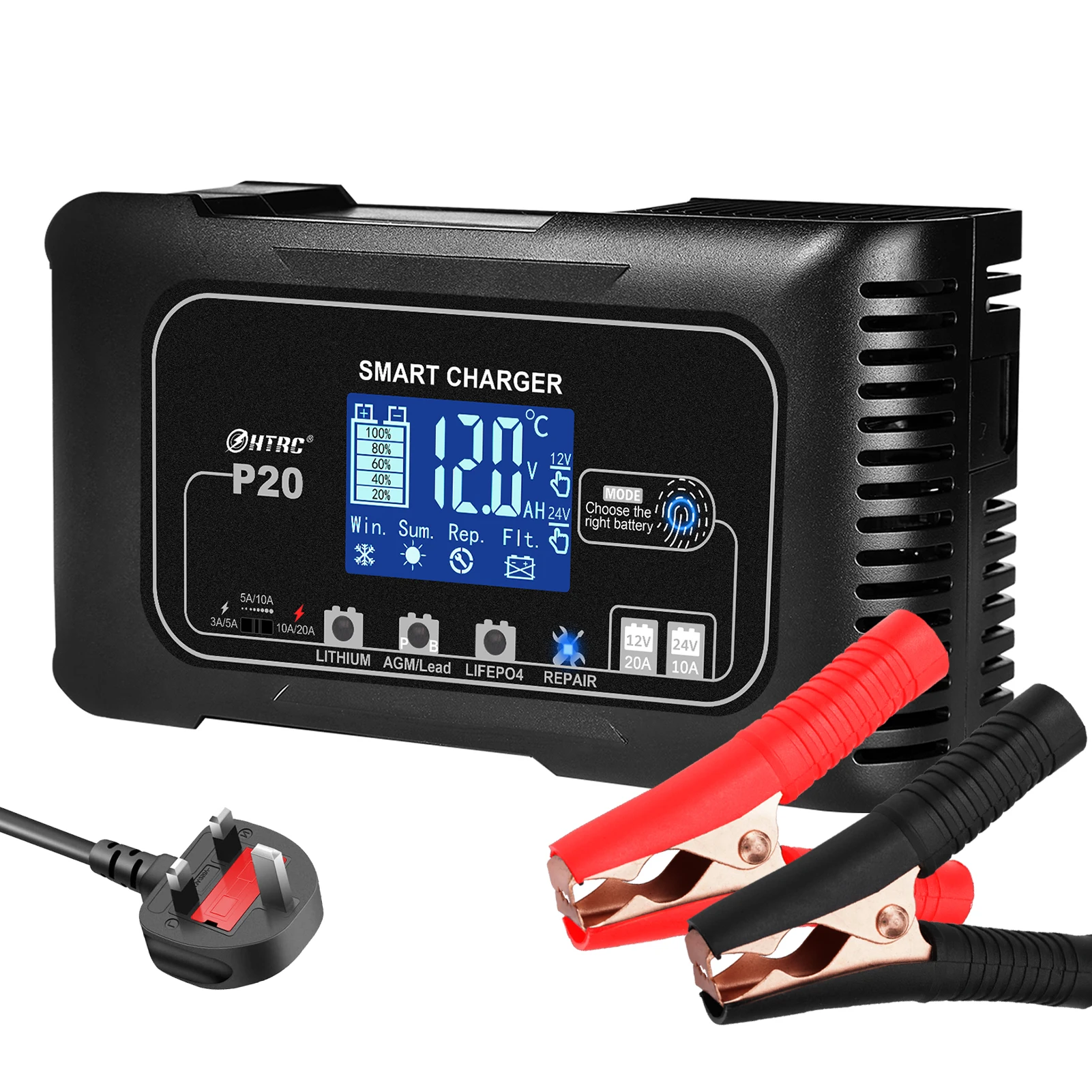 12V/24V Smart Car Battery Charger – Automatic LCD Display, Pulse Repair for Lead Acid, Wet & Dry Batteries