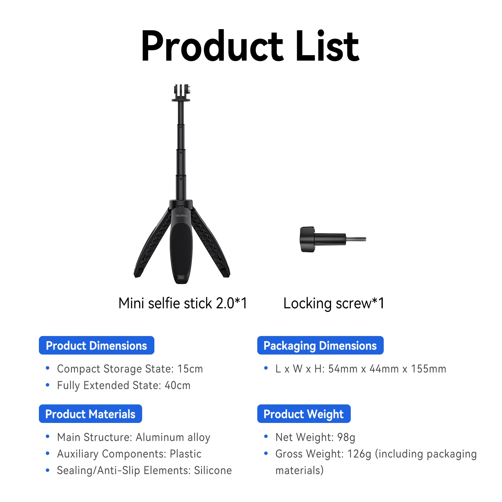 TELESIN Mini Quick Release Selfie Stick Tripod Portable Adjustable Length for GoPro Insta360 DJI Osmo Action Action Camera