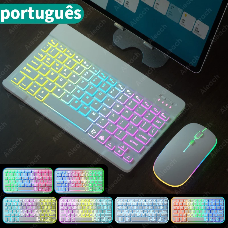 Wireless Bluetooth Keyboard & Mouse – Rainbow Backlit, Compatible with iPad, Android, iOS, Windows Tablets & Phones
