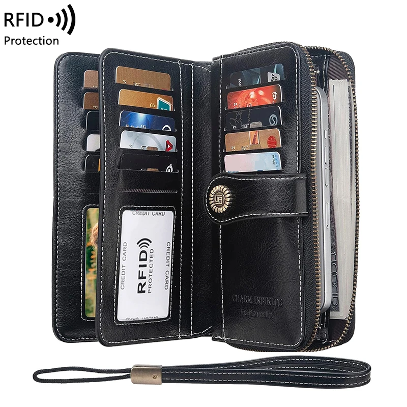 RFID anti-theft brush Retro large capacity long wallet Multi-card women's wallet Multi-function zipper wallet with wrist strap