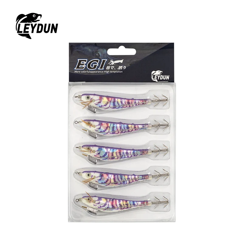 LEYDUN Luminous Squid Jig Wood Shrimp Egi Purple Deep Sea Cuttlefish Hanchi Egi 5pcs/set Fishing Lures Saltwater Baits
