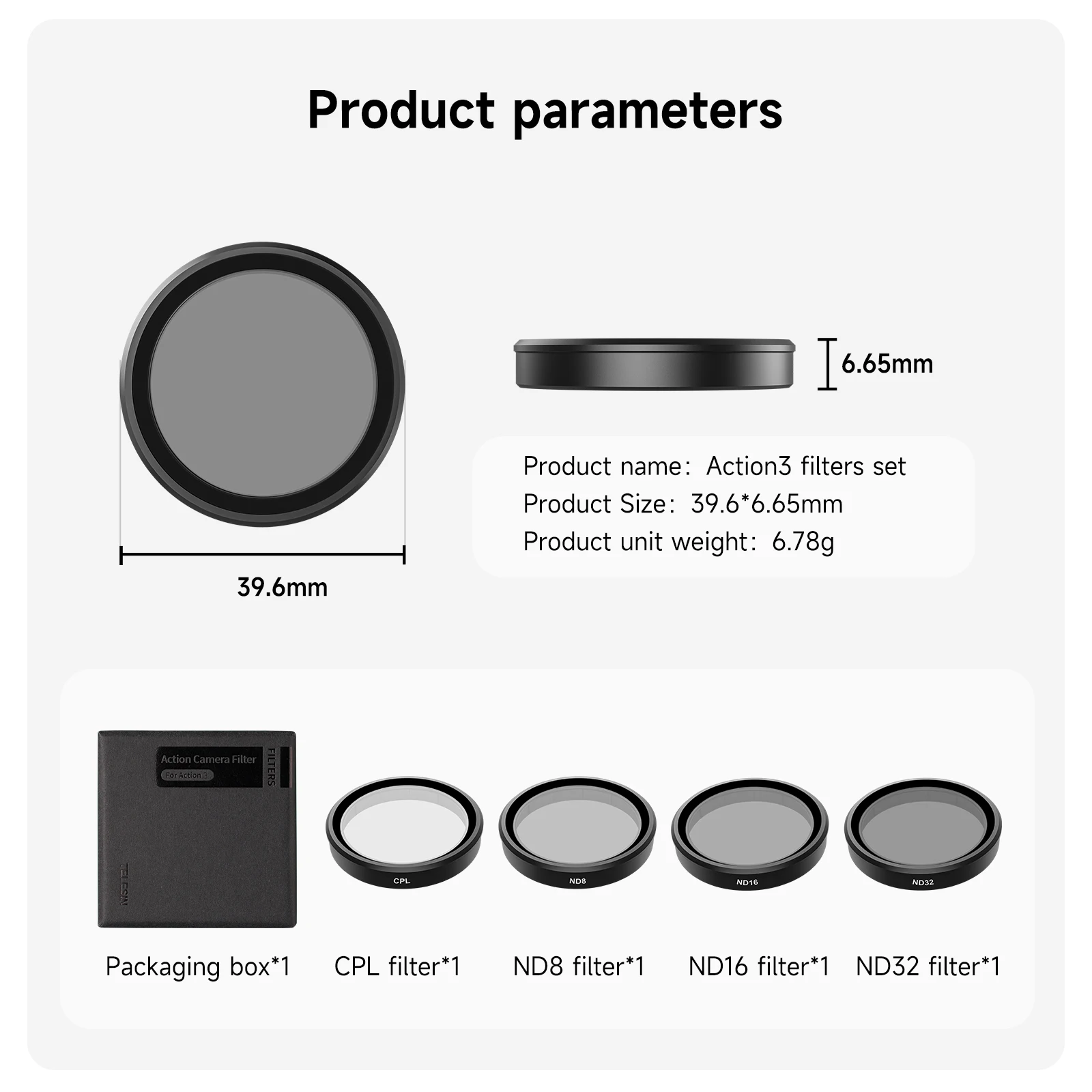 TELESIN CPL & ND Filter Lens Set (ND8/ND16/ND32) – Aluminum Frame for DJI Osmo Action 3/4/5 Pro, Camera Accessories Kit 