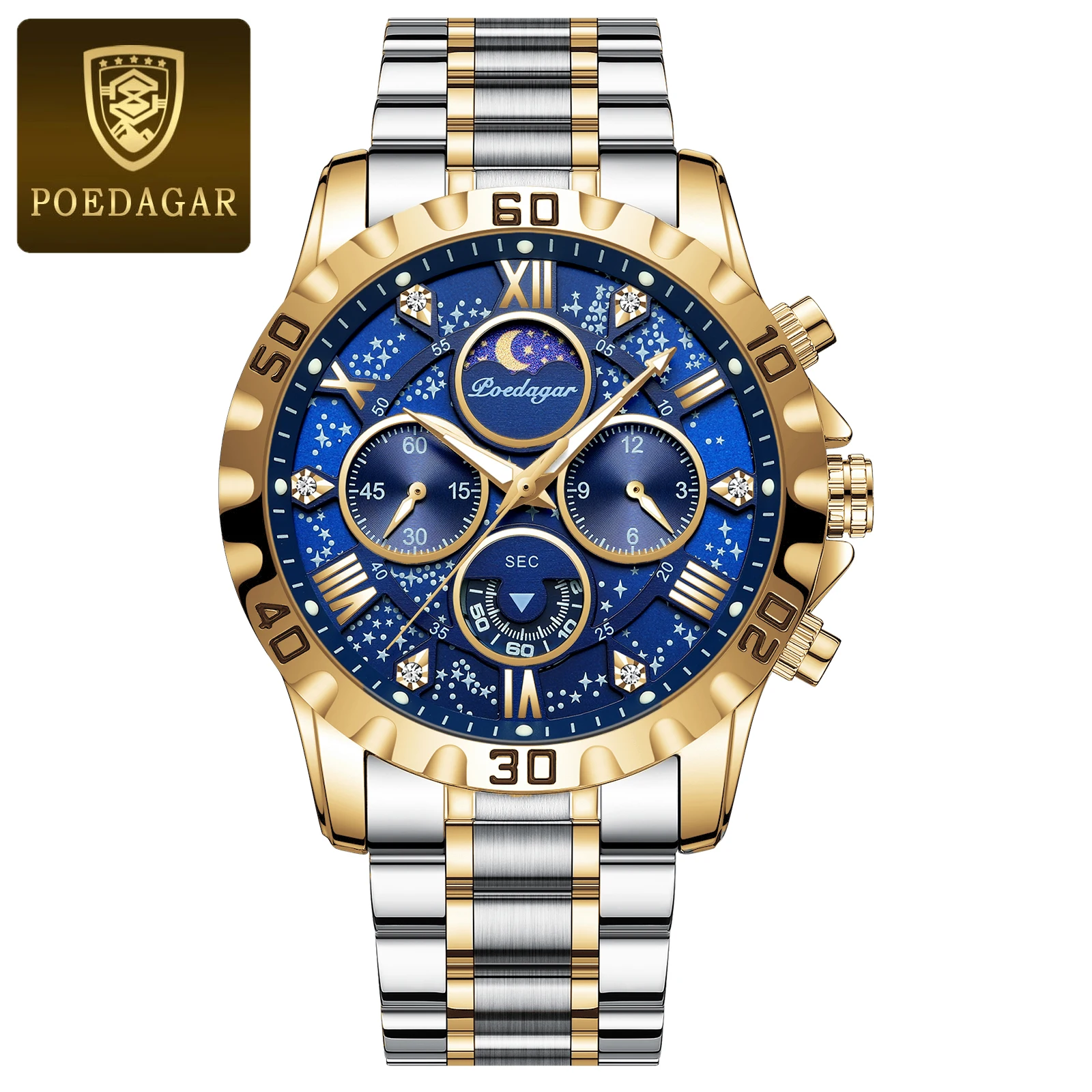 POEDAGAR Men's Luxury Chronograph Watch – Waterproof Quartz, Luminous, Stainless Steel