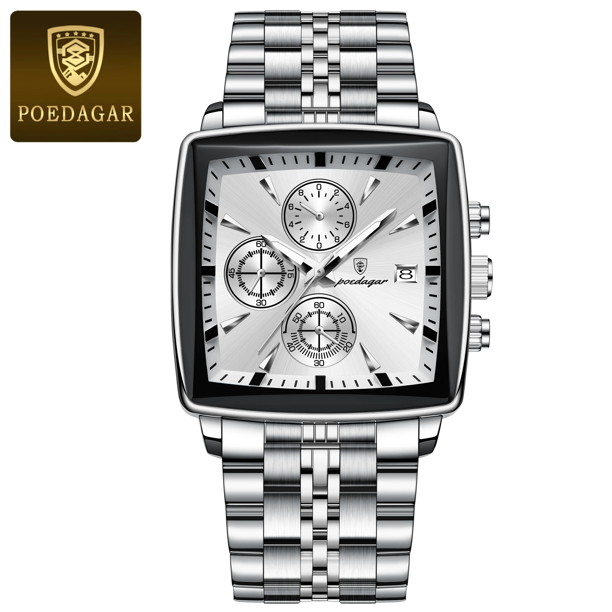 POEDAGAR Men's Square Quartz Watch – Waterproof Chronograph, Luminous, Stainless Steel