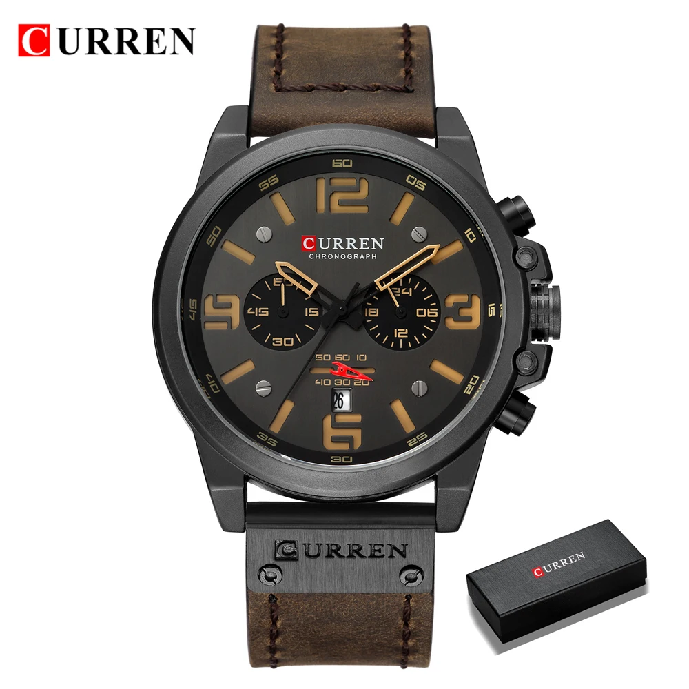 CURREN Men's Luxury Chronograph Watch – Waterproof Quartz Military Sport Wristwatch with Genuine Leather Band 