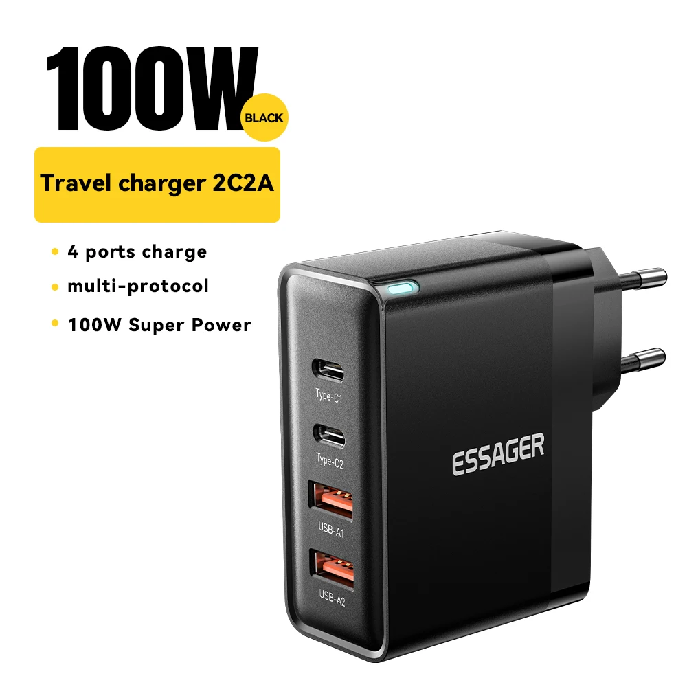 Essager 100W GaN USB-C Charger – US/KR Plug, PD 3.0 Fast Charging for MacBook, iPhone 16/15/14 Pro, Samsung Galaxy