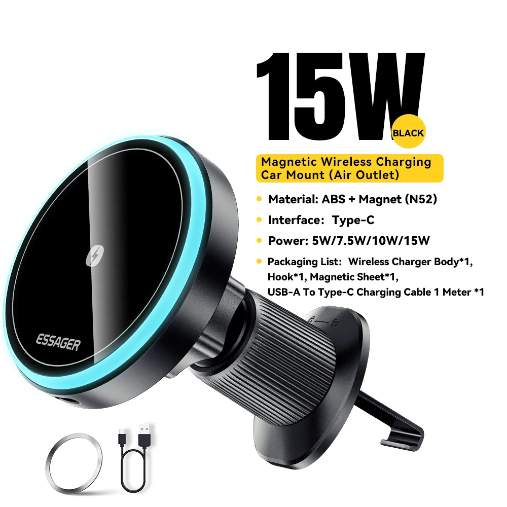 Essager RGB Magnetic Car Phone Holder Qi 15W Wireless Charger Car For iPhone 15 14 13 12 Pro Max Samsung Phone Holder Stand