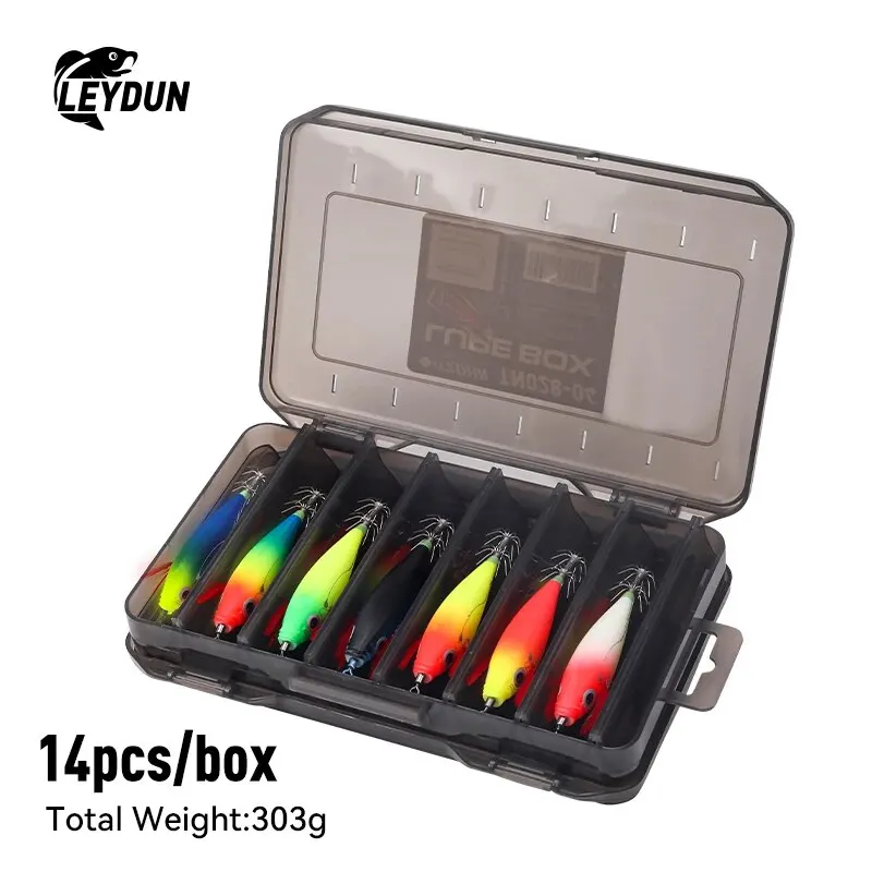LEYDUN Luminous Horizontal Squid Jig Wood Shrimp Squid Hook 14pcs/Set Fishing Lures LEYDUN Octopus Cuttlefish Shrimp Baits