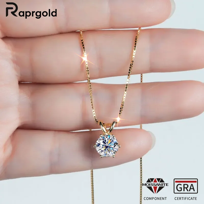RAPRGOLD GRA Certified 0.5-5ct Moissanite Pendant Necklaces 925 Sterling Silver Solitaire Necklace Chain For Women Jewellry Gift