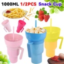 Stadium Tumbler Popcorn Drink Cup 1000ml 2 in 1 Travel Cup Leak Proof Multi-Purpose Popcorn Beverage Cup for Cinema Home Travel
