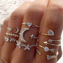 Silver Crystal Ring Set for Women – Cubic Zirconia Moon, Arrow, Flower & Heart Stackable Fashion Rings 